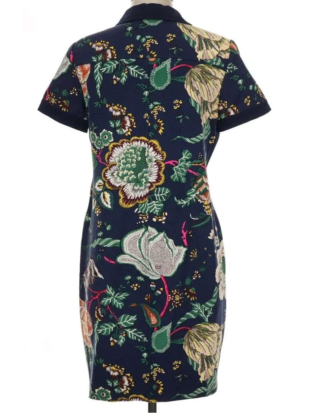 Tory Burch Stretch Ponte Polo Dress Happy Times Floral Gold Navy Pink Medium